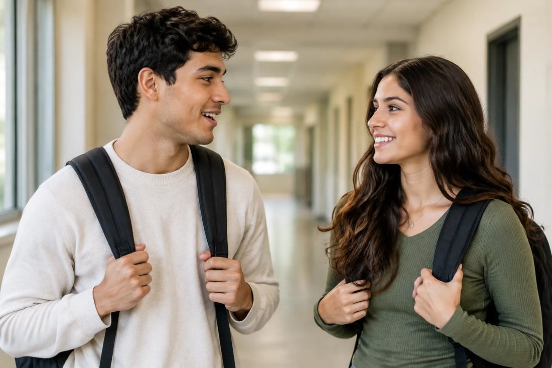Dois estudantes de mochila continuam a discussão no corredor depois da sessão