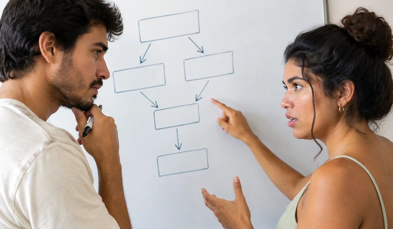 Três participantes conversam ao redor de uma mesa comprida numa sala clara de janelas altas